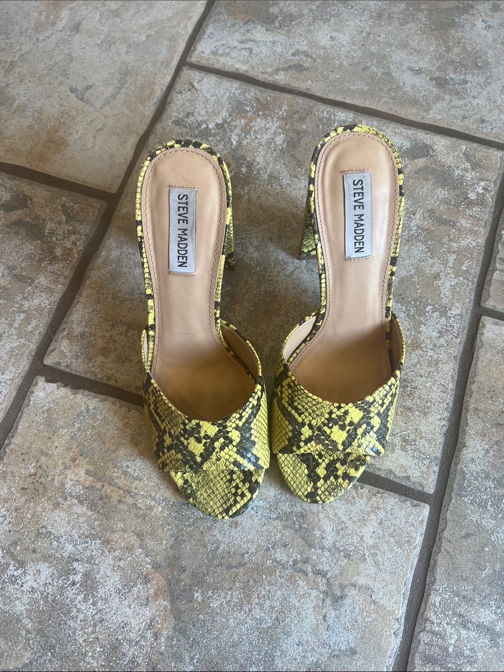 Steve Madden Yellow Snake-Print Slide Mules